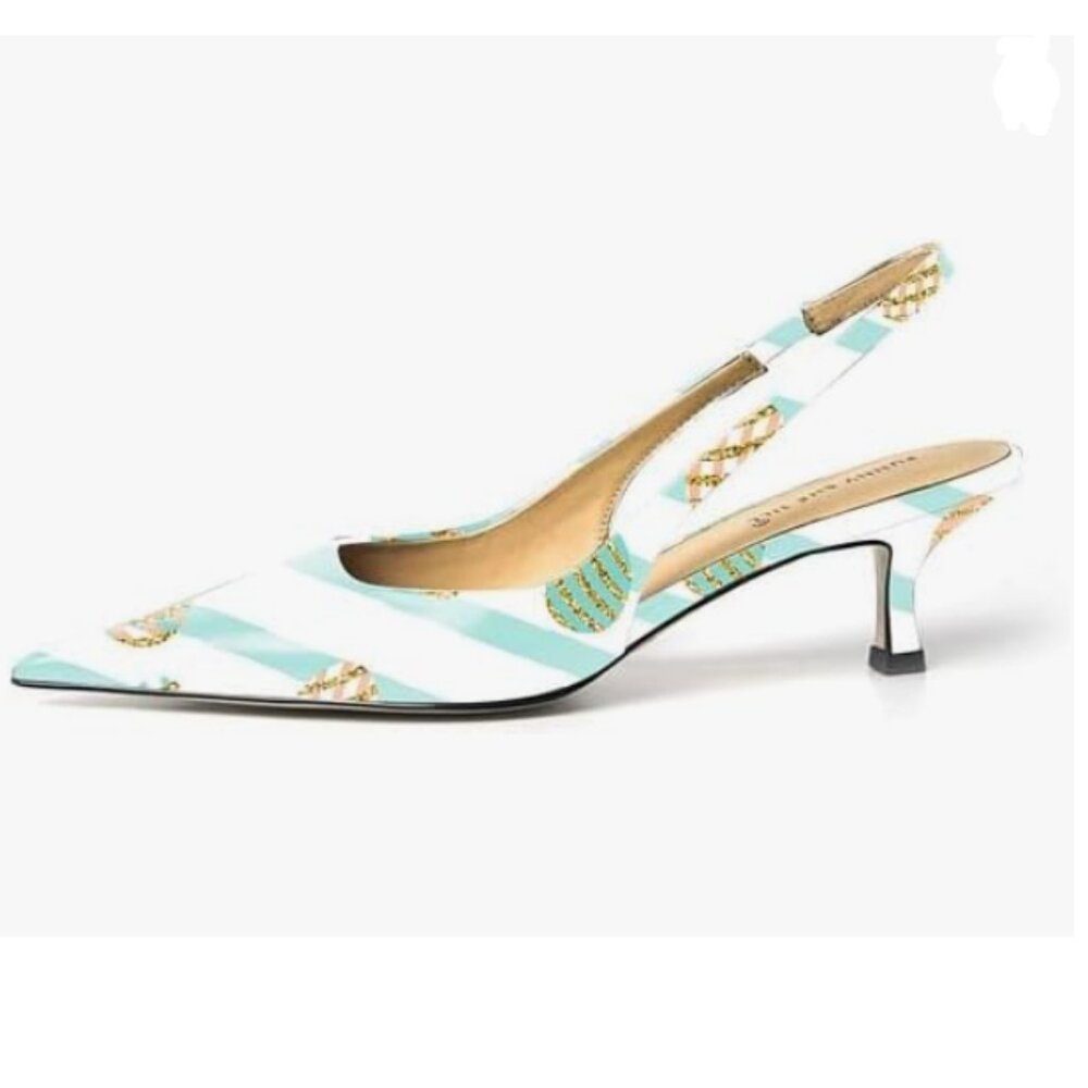 FSJ Mint Green Striped Kitten Heel Slingback Sandal Pointy Toe Sexy Pumps - Picture 1 of 8